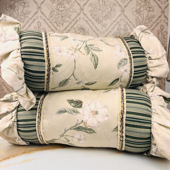 Williamsburg Garden Images lll Neck Roll Parchment Pillows Set Of 2 Floral - Picture 1 of 9